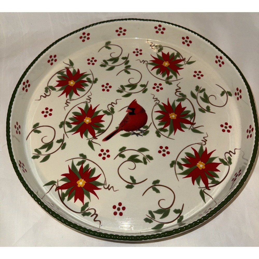 TEMP-TATIONS Old World Poinsettia Red Cardinal Christmas Round Platter‎